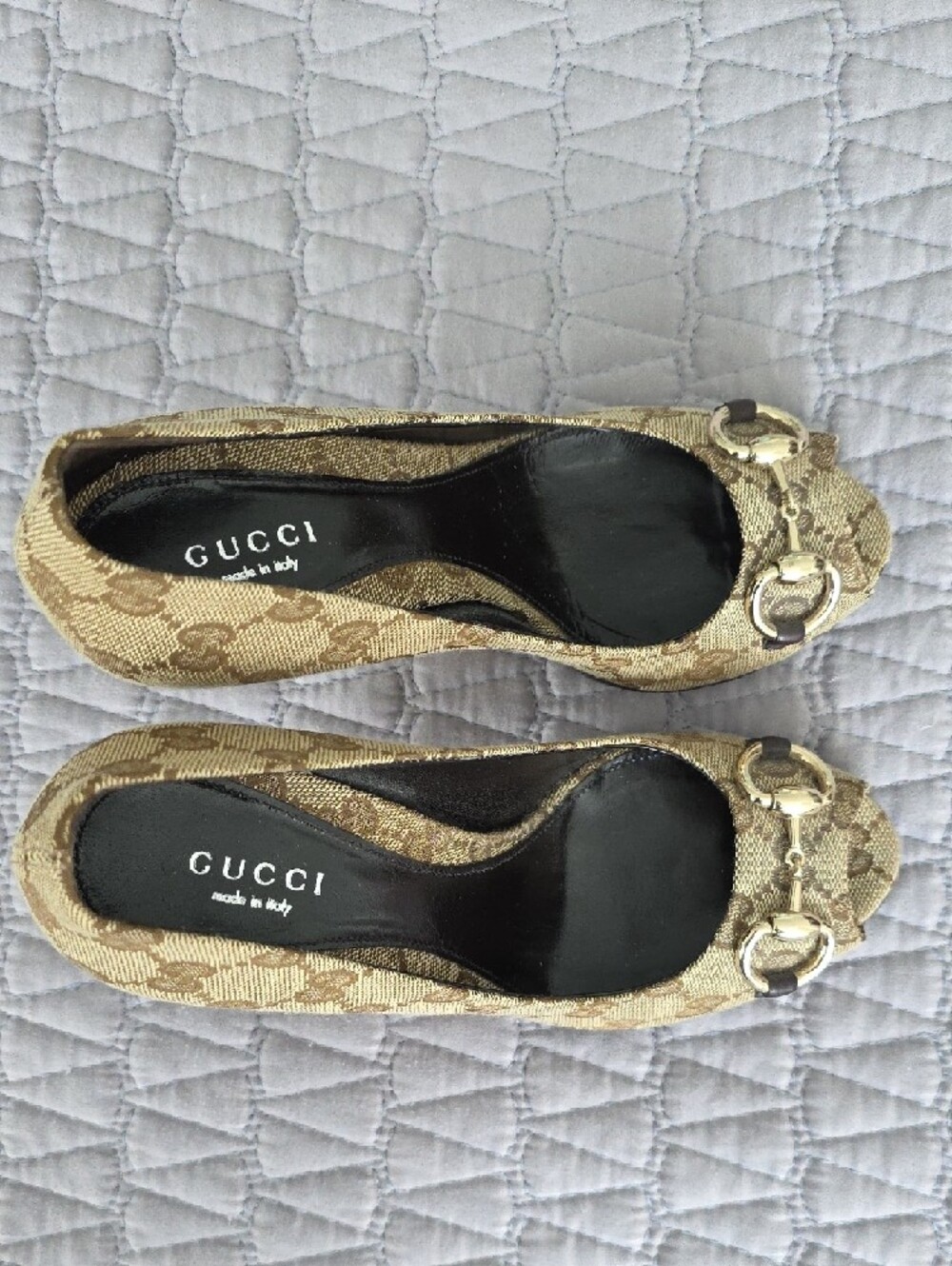Gucci Brown GG Canvas Peep-Toe Heels with Gold Horsebit - Picture 11 of 12